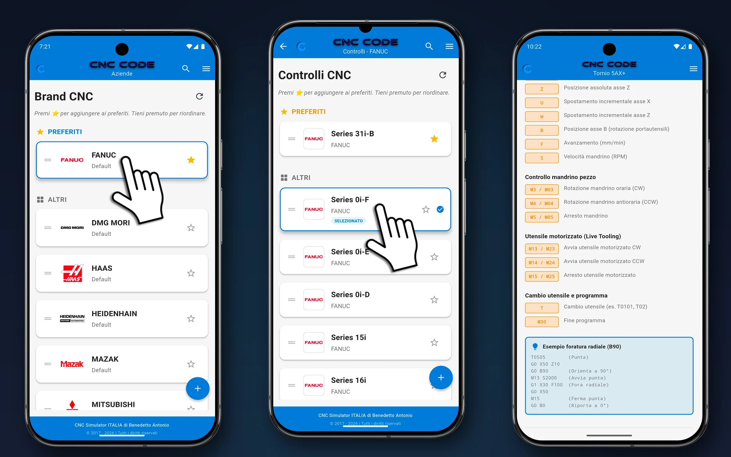 CNC CODE Mobile — marche, controlli e codici CNC CODE Mobile: elenco delle marche CNC, dei controlli Fanuc e dei codici G/M con esempio