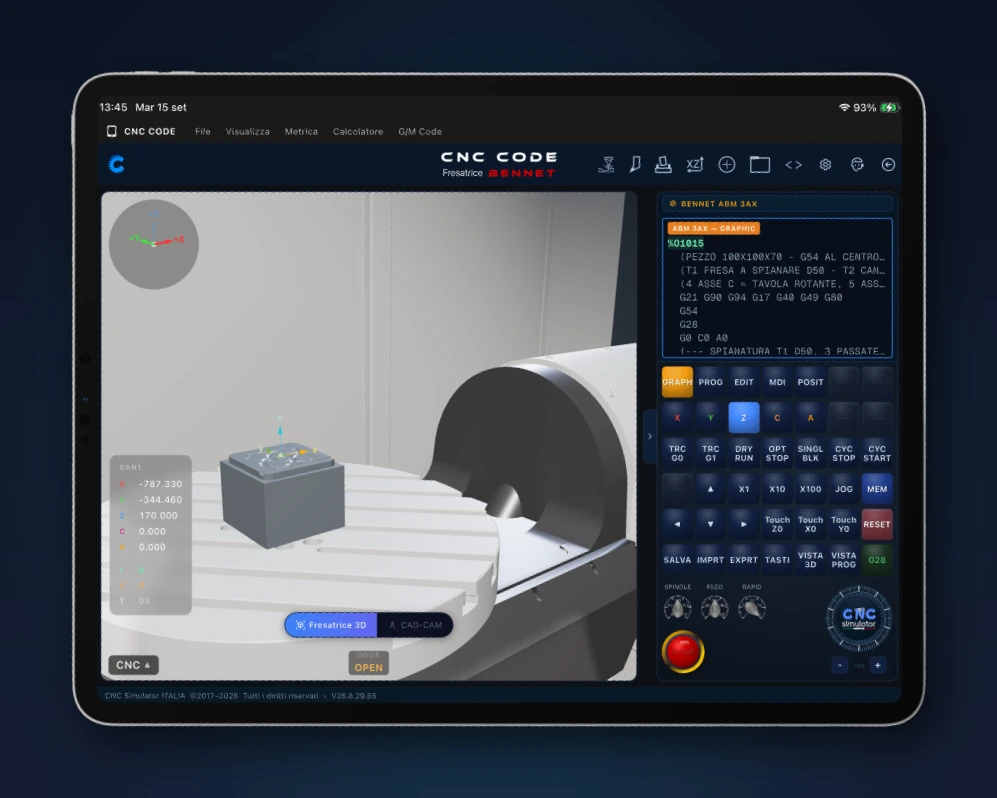 The CNC panel, full screen CNC Code Tablet: Bennet milling machine in 3D with rotary table, G-code program and CNC panel on iPad