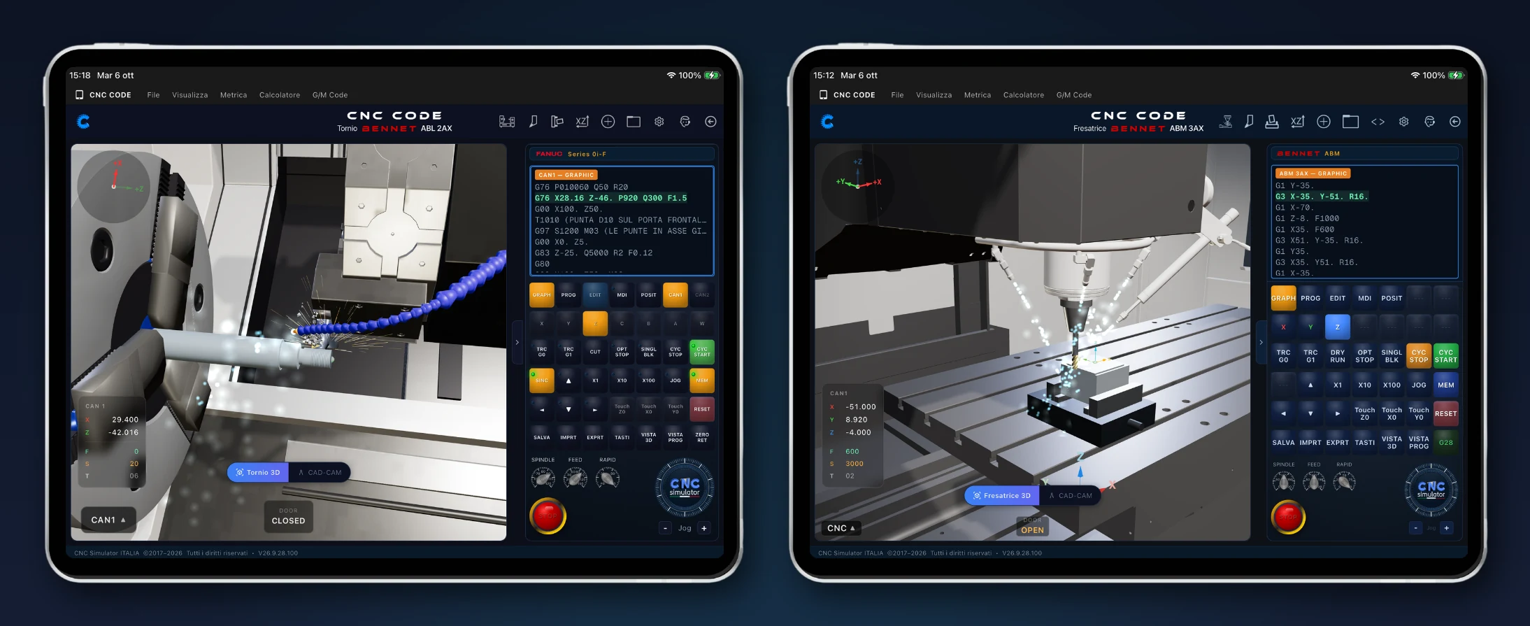 Lathe and mill in 3D, chips flying CNC Code Tablet: Bennet ABL lathe threading and Bennet ABM mill contouring, in 3D with coolant