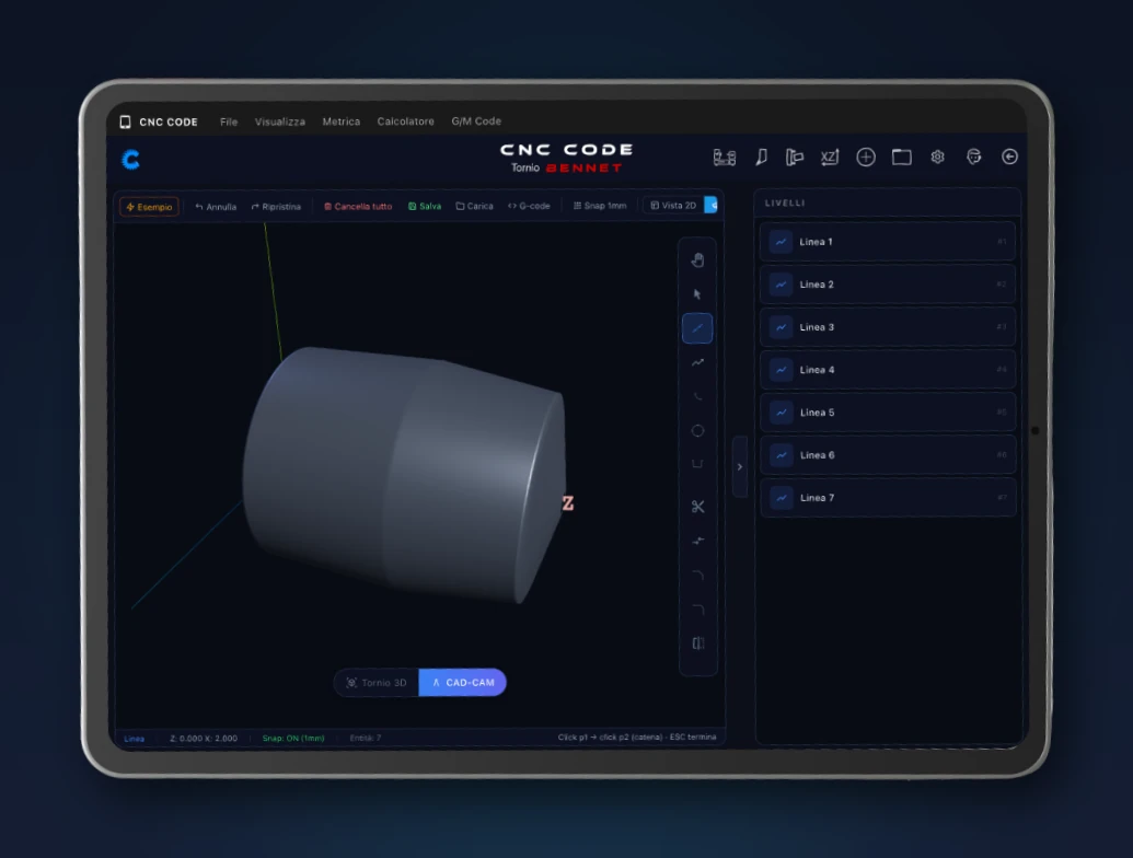 CAD-CAM: draw the part and see it in 3D CNC Code Tablet: lathe CAD-CAM with the drawn part in 3D view
