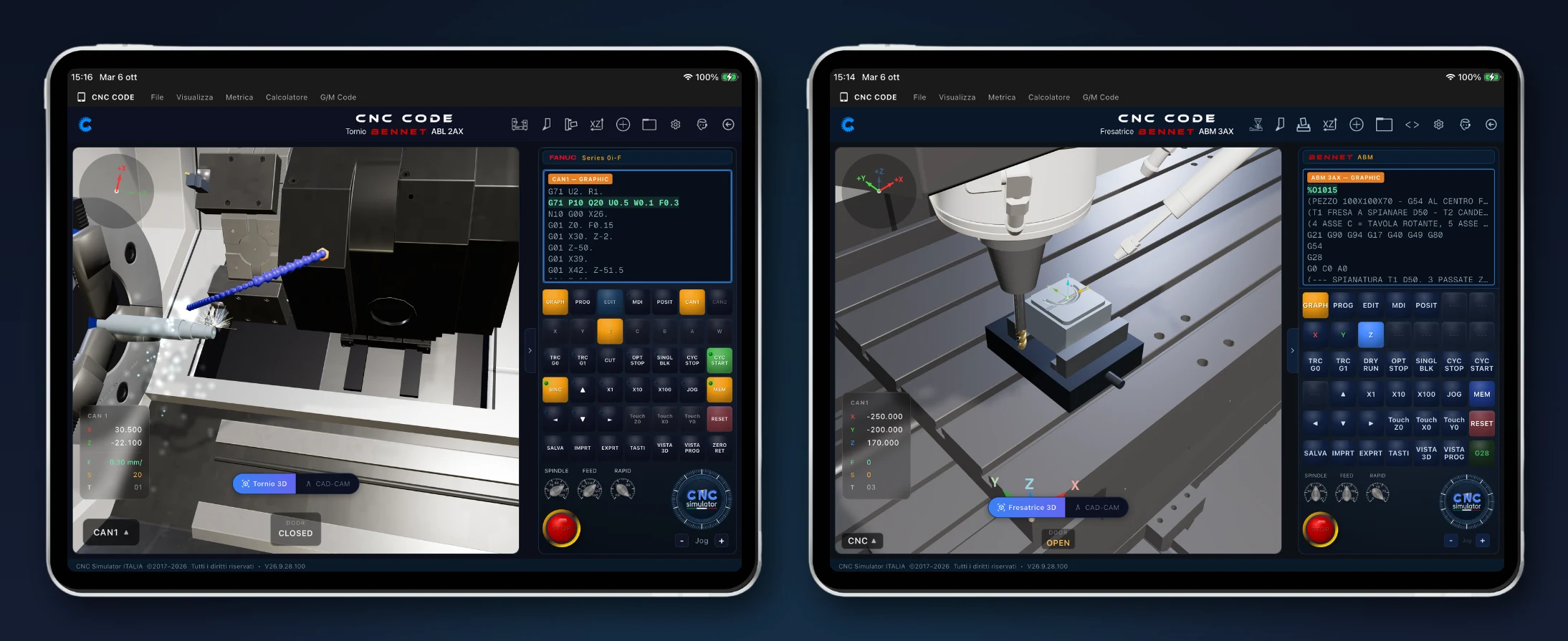 Set up the machine, then hit CYCLE START CNC Code Tablet: Bennet ABL lathe roughing with G71 and Bennet ABM mill with the part in the vice, ready for CYCLE START